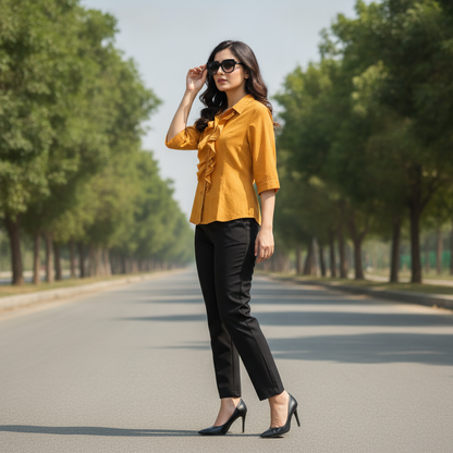 Fair Lady Women's Mustard Ruffle Front Viscose Shirt