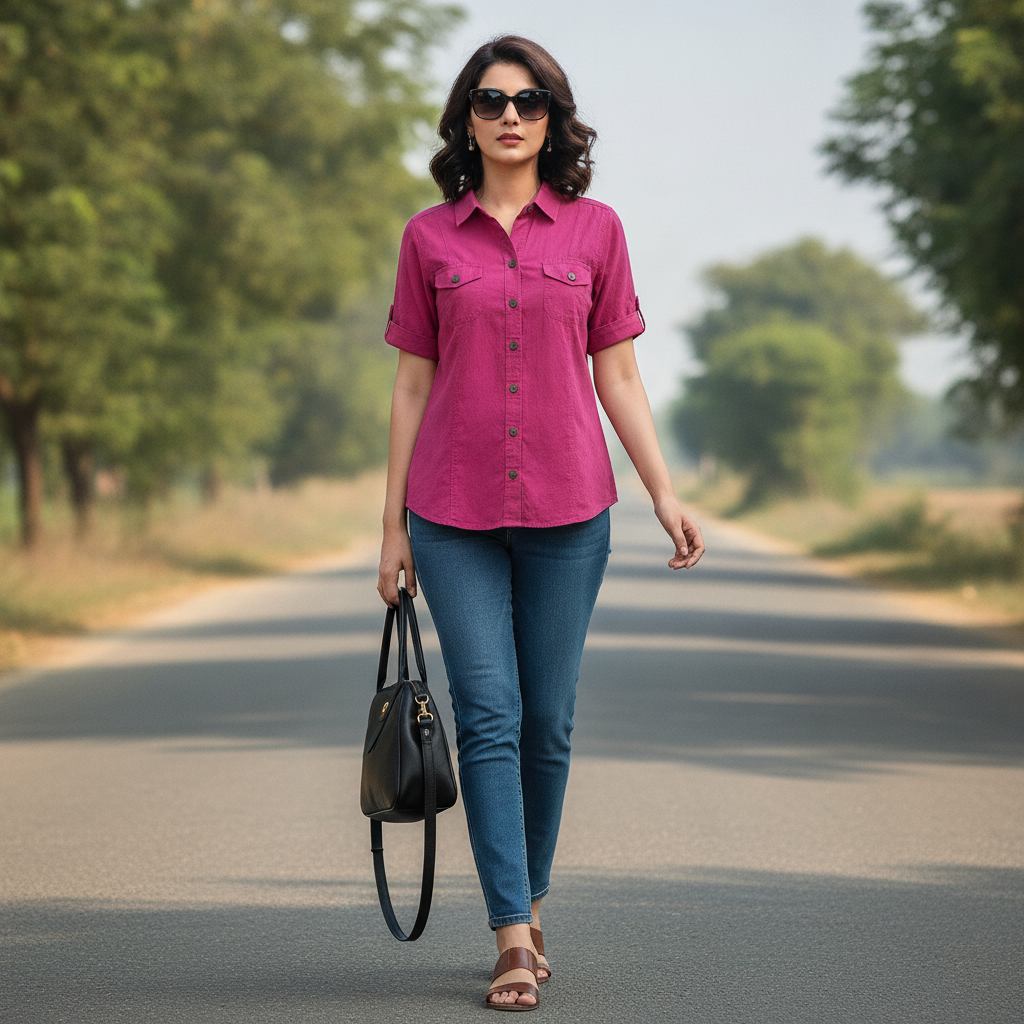 Outfit Women's Magenta Cotton Utility Shirt