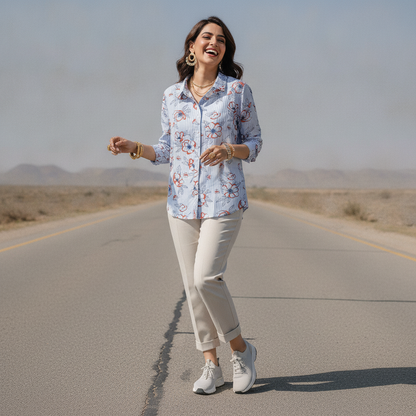 Mohito Women's Blue Floral Stripe Viscose Shirt