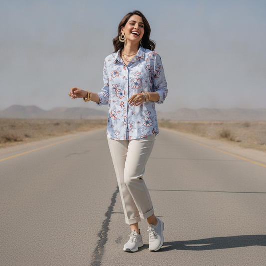 Mohito Women's Blue Floral Stripe Viscose Shirt