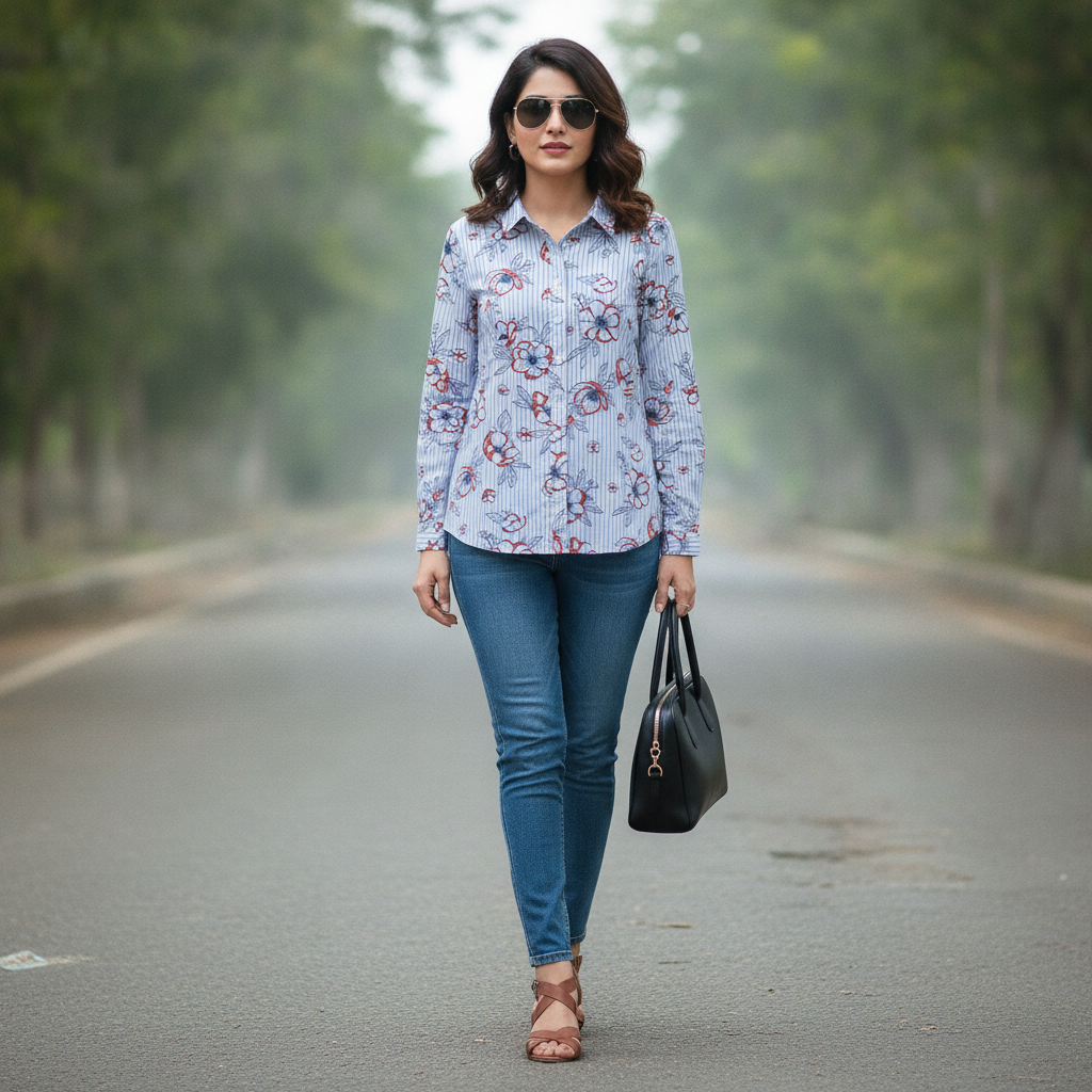 Mohito Women's Blue Floral Stripe Viscose Shirt