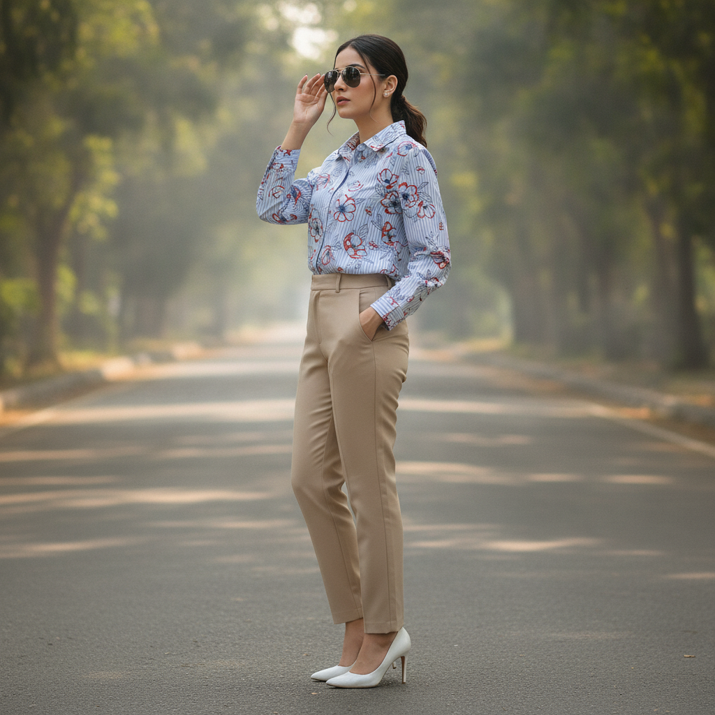 Mohito Women's Blue Floral Stripe Viscose Shirt