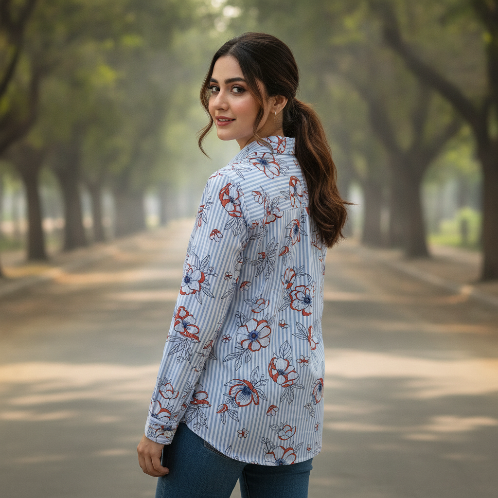Mohito Women's Blue Floral Stripe Viscose Shirt