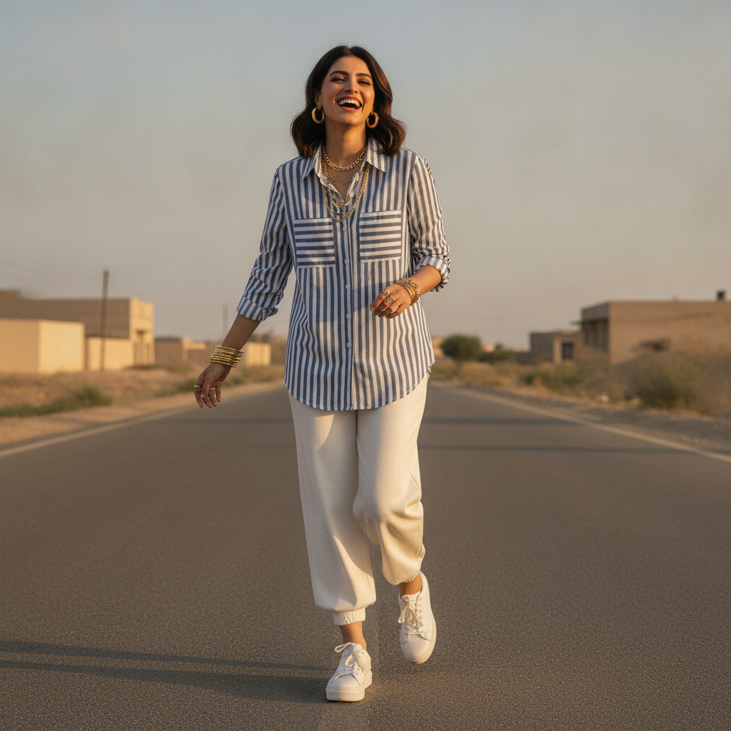 Pimkie Women's Blue & White Striped Viscose Shirt