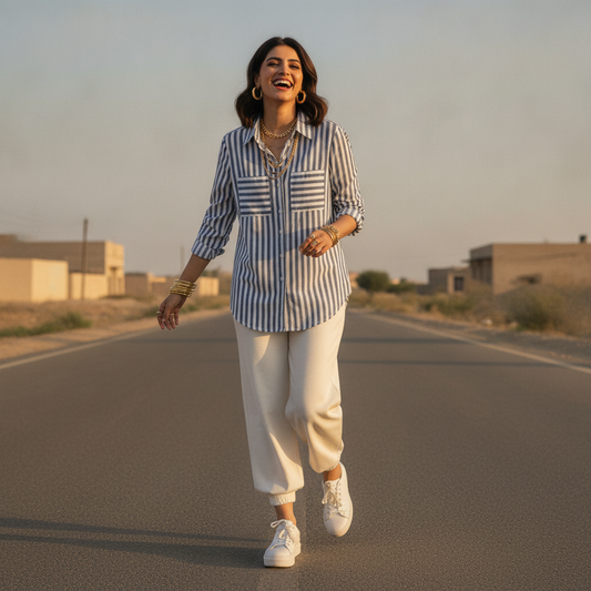 Pimkie Women's Blue & White Striped Viscose Shirt