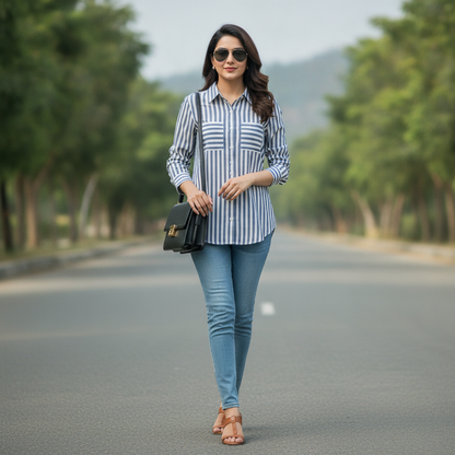 Pimkie Women's Blue & White Striped Viscose Shirt