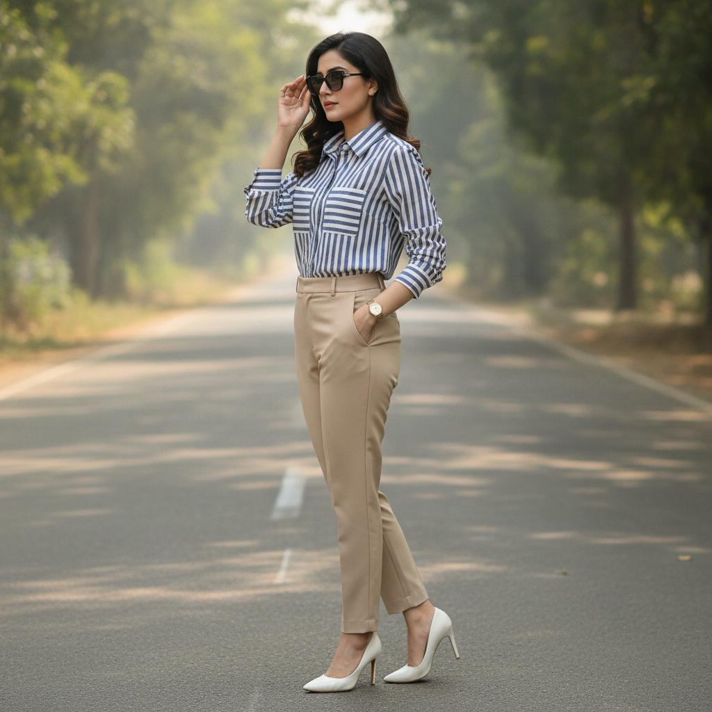 Pimkie Women's Blue & White Striped Viscose Shirt