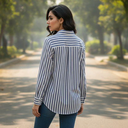 Pimkie Women's Blue & White Striped Viscose Shirt