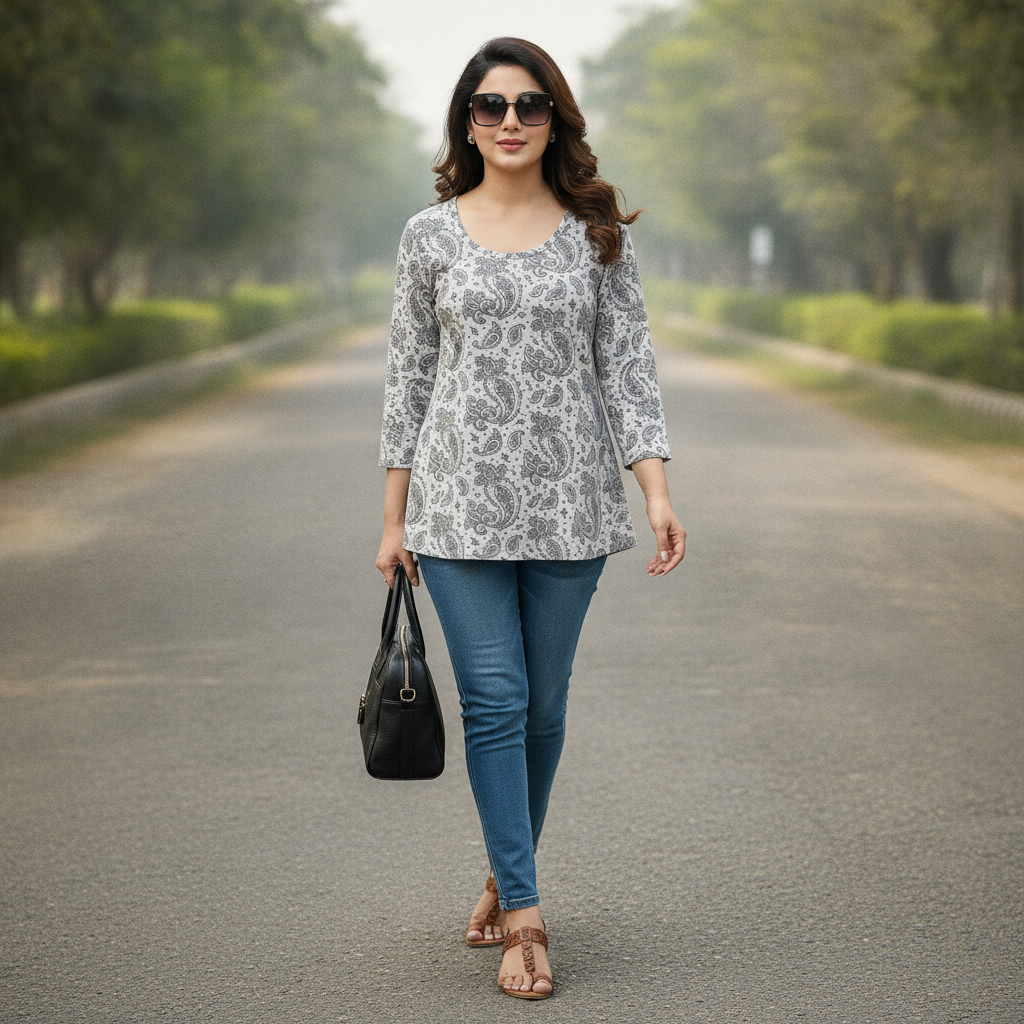 Infinity Women's Grey Paisley Print Viscose Top