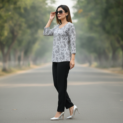 Infinity Women's Grey Paisley Print Viscose Top