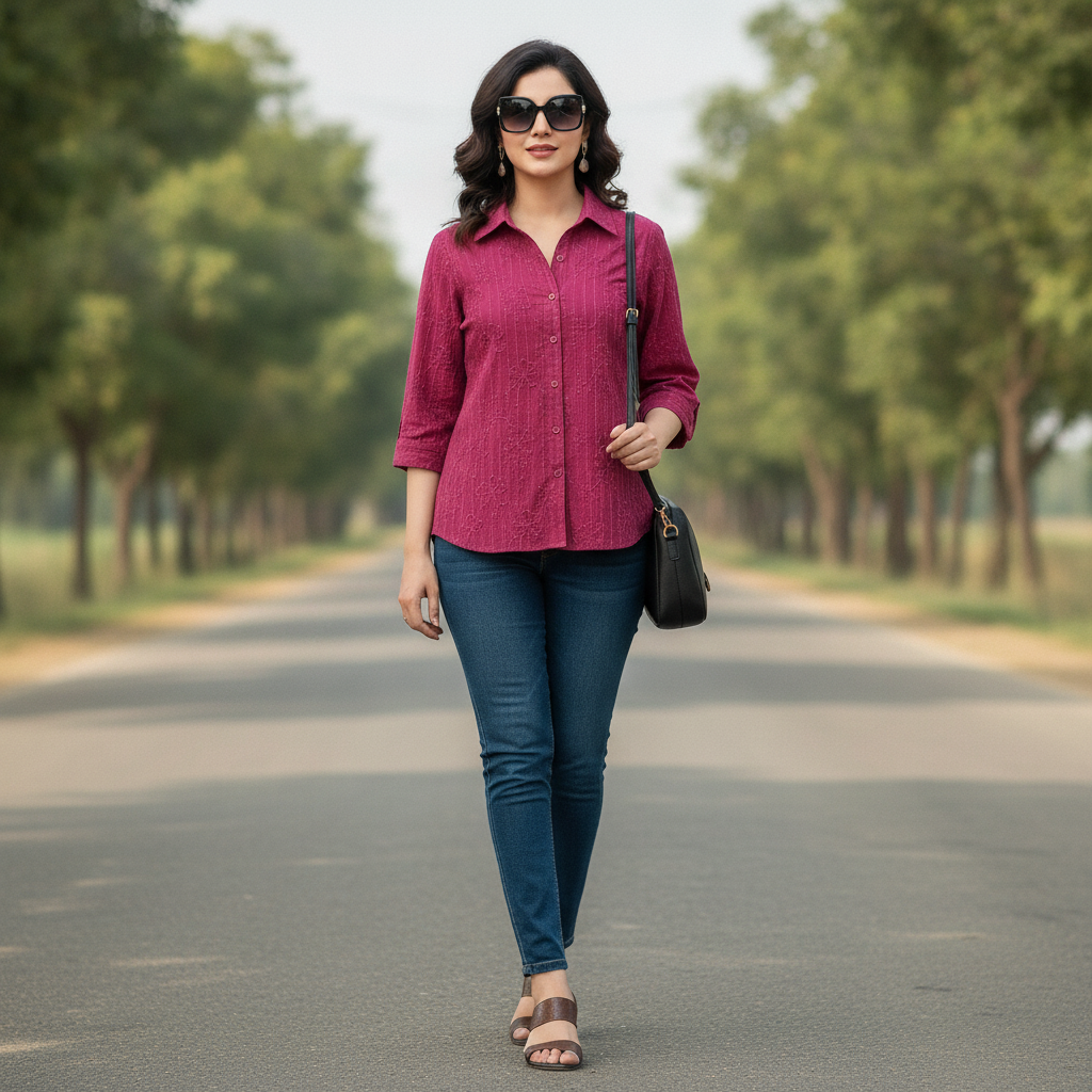 Infinity Women's Magenta Embroidered Cotton Shirt
