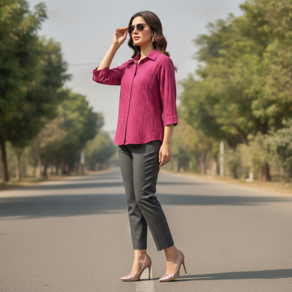 Infinity Women's Magenta Embroidered Cotton Shirt