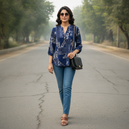 Atmosphere Women's Navy Patchwork Print Cotton Blouse