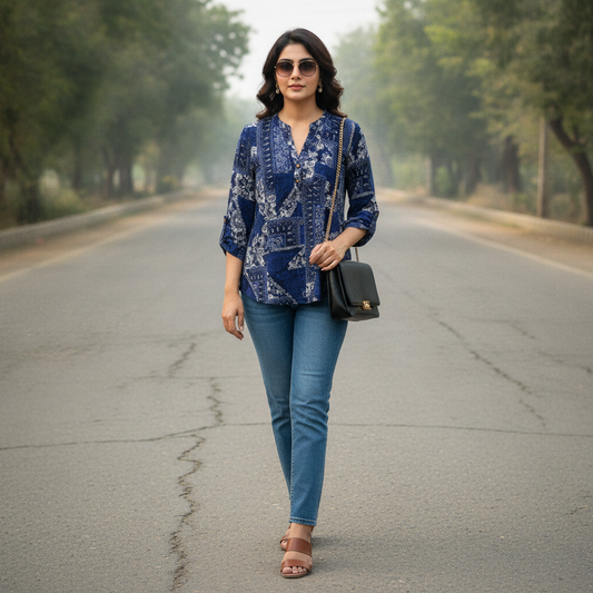 Atmosphere Women's Navy Patchwork Print Cotton Blouse