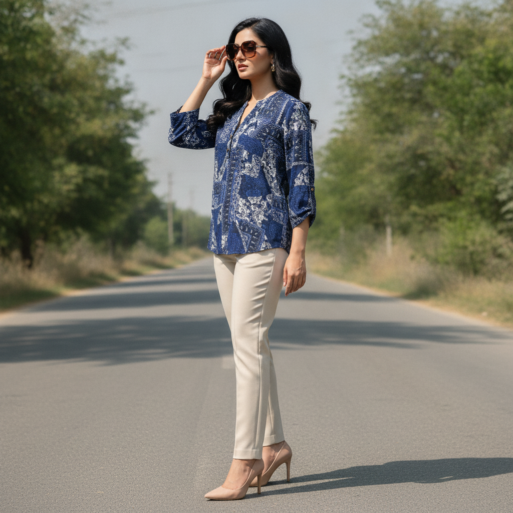 Atmosphere Women's Navy Patchwork Print Cotton Blouse