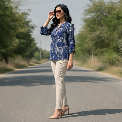 Atmosphere Women's Navy Patchwork Print Cotton Blouse