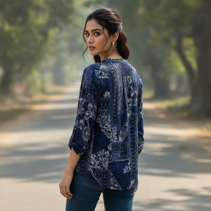Atmosphere Women's Navy Patchwork Print Cotton Blouse