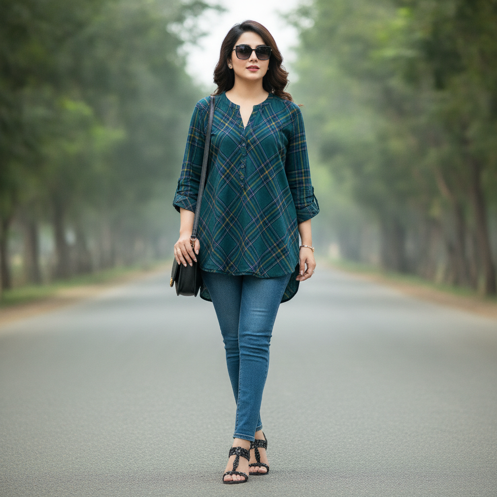 Charles Vogele Women's Green Check Cotton Blouse