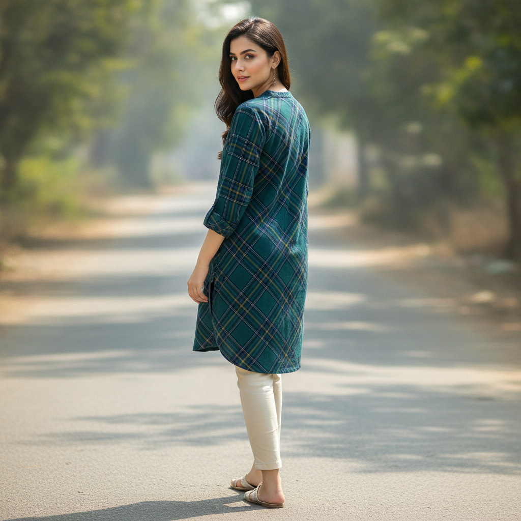 Charles Vogele Women's Green Check Cotton Blouse
