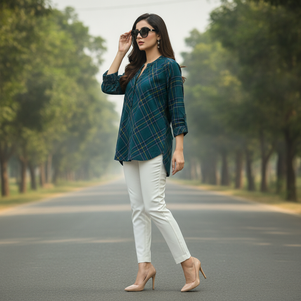 Charles Vogele Women's Green Check Cotton Blouse