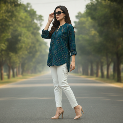 Charles Vogele Women's Green Check Cotton Blouse