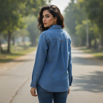 Zara Women's Blue Cotton Denim Shirt