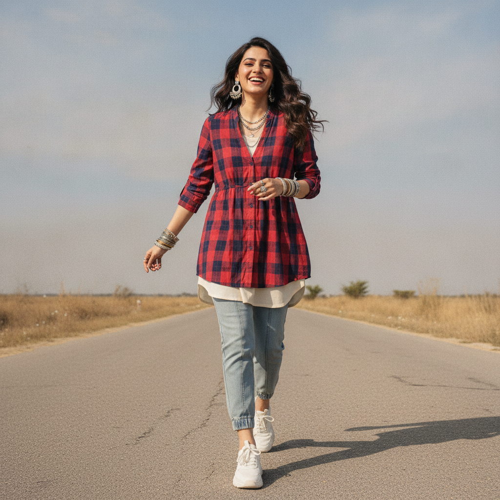 Bonnare Women's Red Check Cotton Tunic Shirt