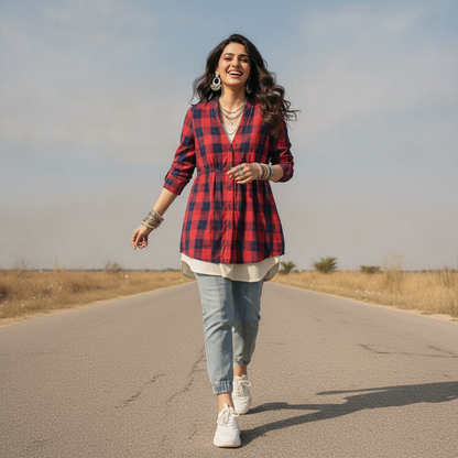 Bonnare Women's Red Check Cotton Tunic Shirt