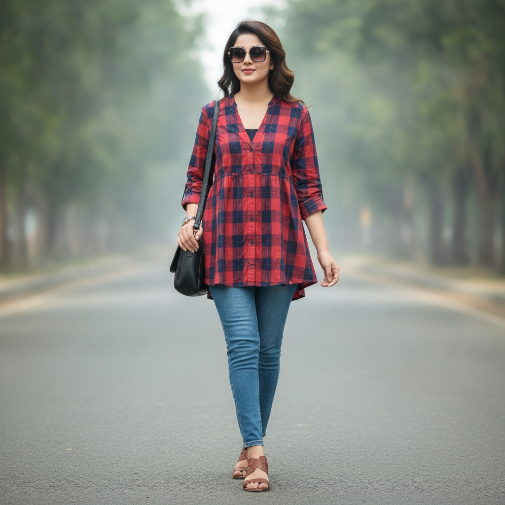 Bonnare Women's Red Check Cotton Tunic Shirt