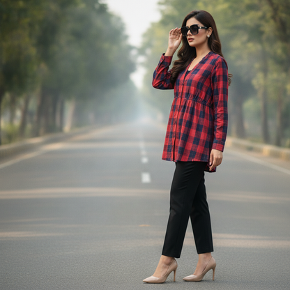 Bonnare Women's Red Check Cotton Tunic Shirt