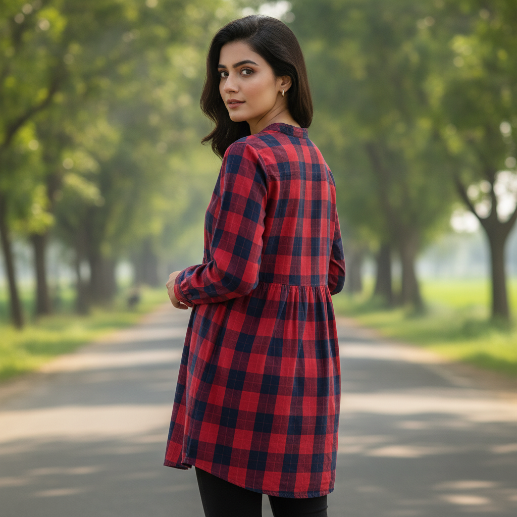 Bonnare Women's Red Check Cotton Tunic Shirt
