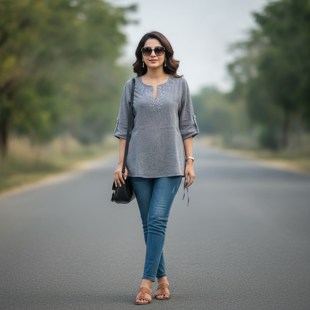 Lina Tome Women's Grey Embroidered Viscose Top