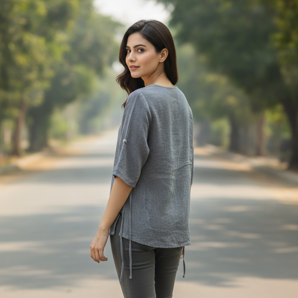 Lina Tome Women's Grey Embroidered Viscose Top