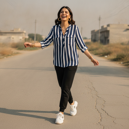 Reserved Women's Navy Stripe Viscose Blouse