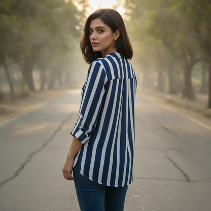 Reserved Women's Navy Stripe Viscose Blouse