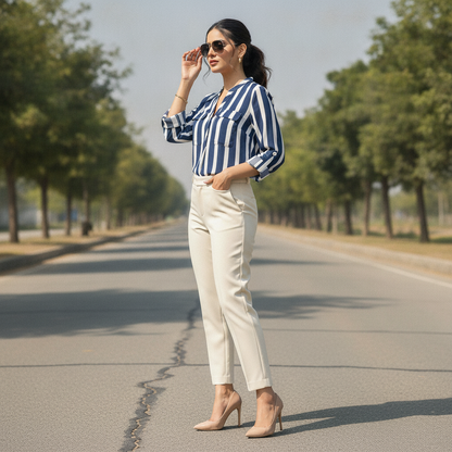 Reserved Women's Navy Stripe Viscose Blouse