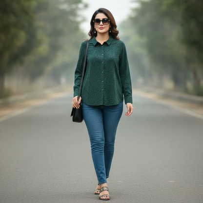 Marie 16 Women's Dark Green Printed Viscose Shirt