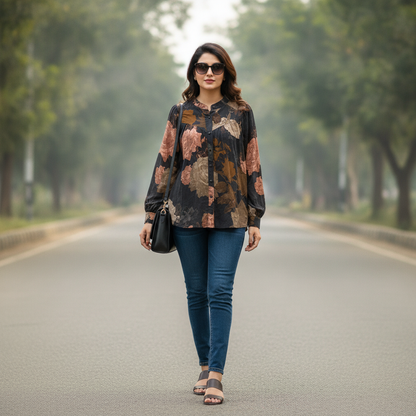 Vanto Women's Black Floral Viscose Blouse
