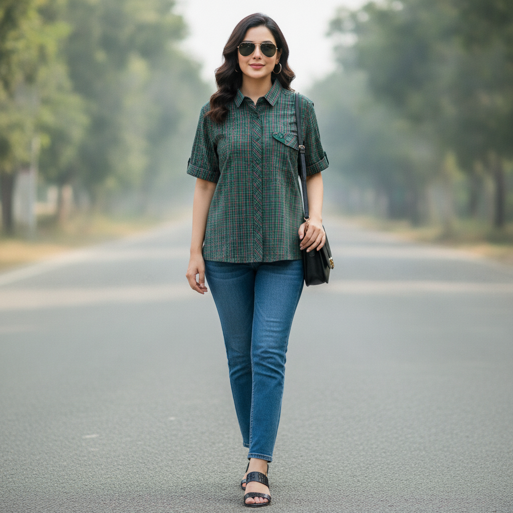Imperial Women's Green Check Cotton Shirt