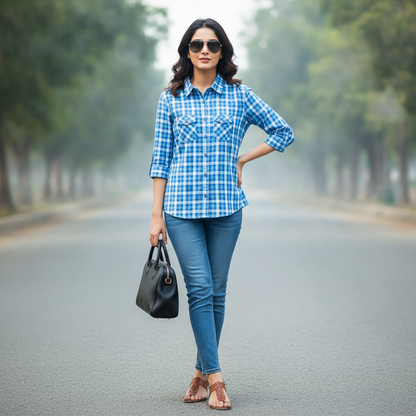 Cecil Women's Blue Check Cotton Shirt