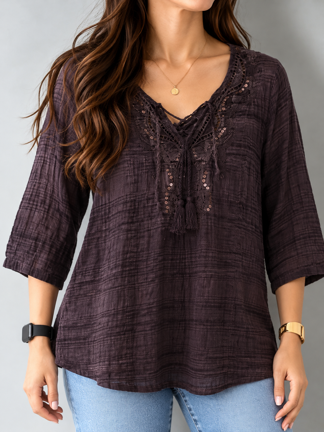 Bonnita Black Embroidered Tassel Cotton Top