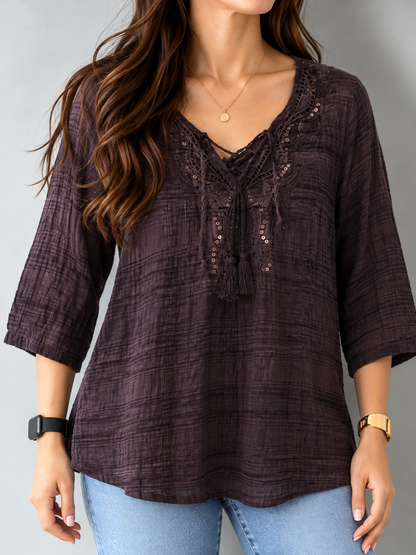 Bonnita Black Embroidered Tassel Cotton Top