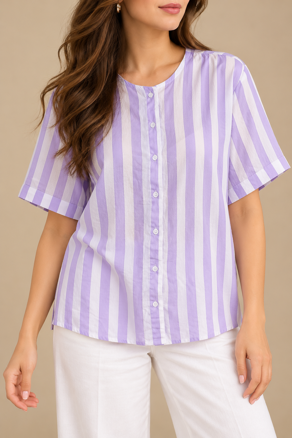 BONNARE Lavender & White Vertical Stripe Cotton Shirt for Women