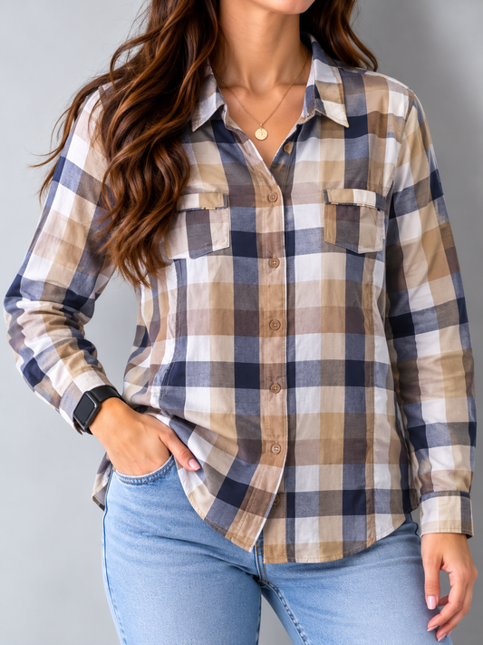 Out Fit Beige & Navy Check Cotton Shirt