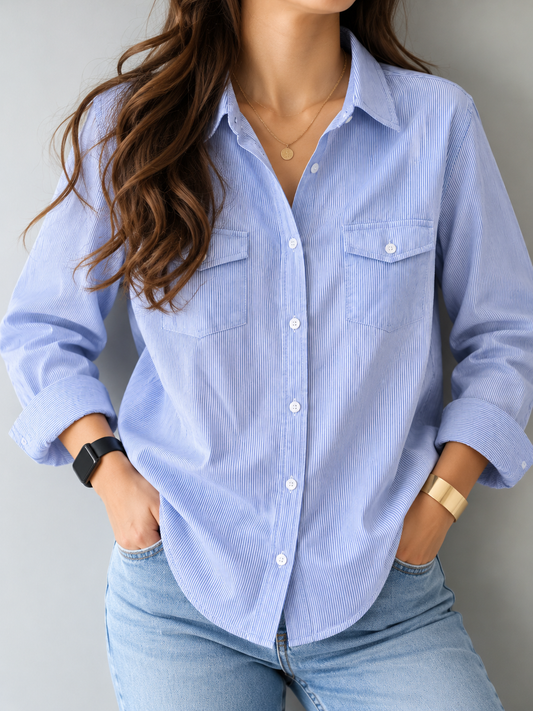 Yessica Blue Pinstripe Cotton Button-Down Shirt | BONNARE