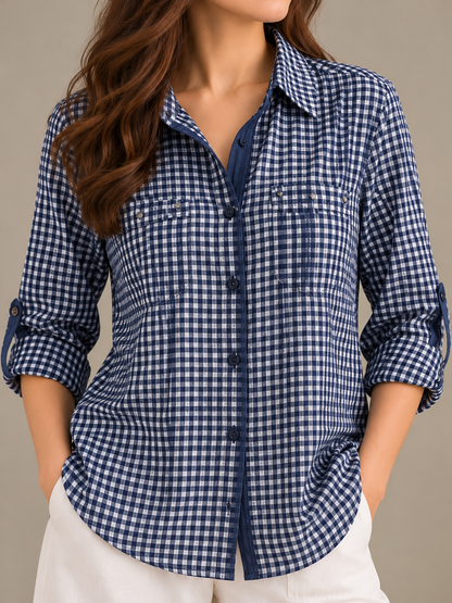 BONNITA Blue Gingham Cotton Button-Up Shirt for Women | BONNARE