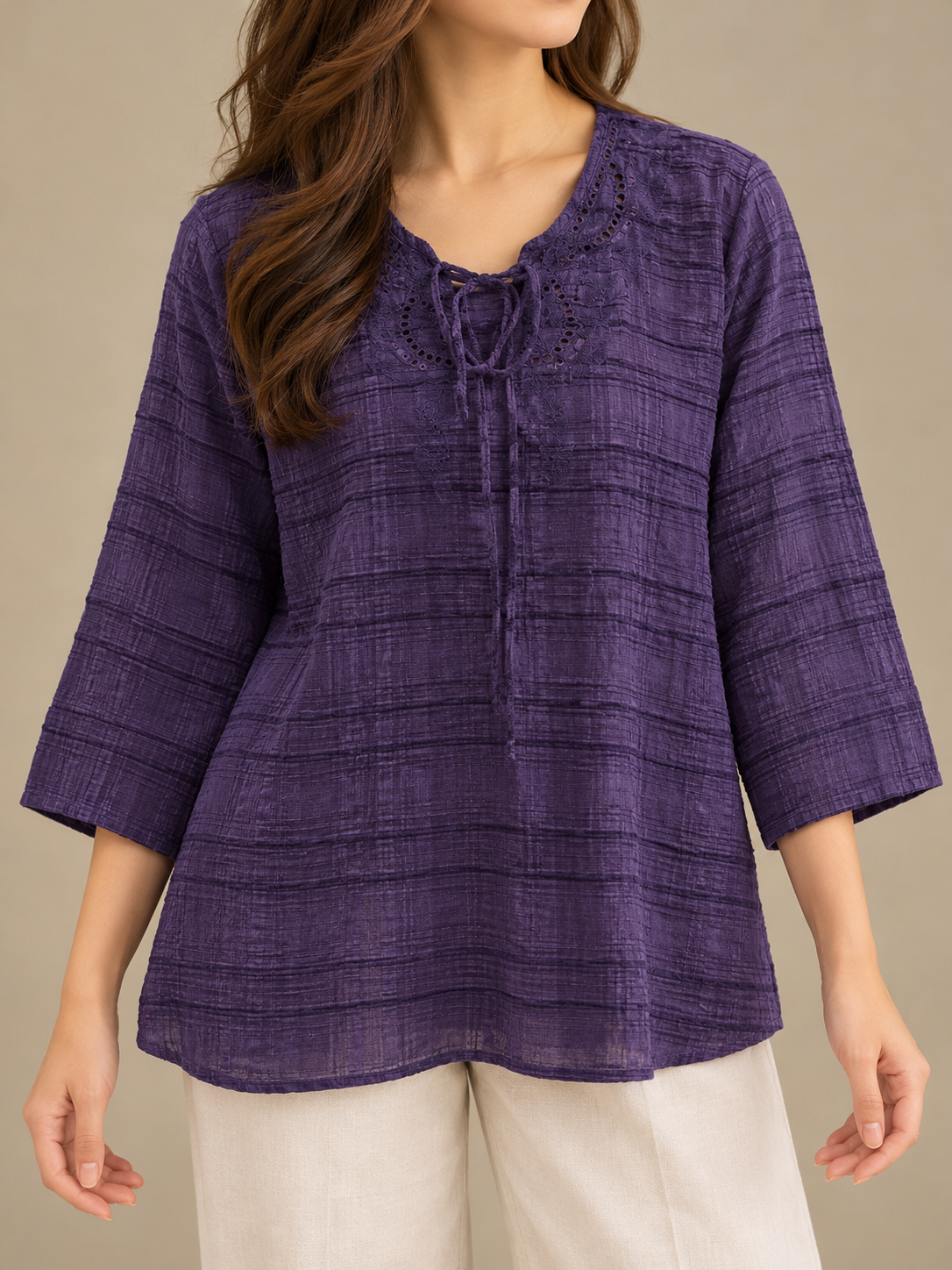 BONNITA Purple Cotton Embroidered Tunic Top for Women | BONNARE