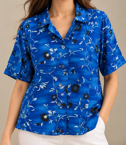 BONNARE Blue Floral Button-Up Cotton Shirt for Women